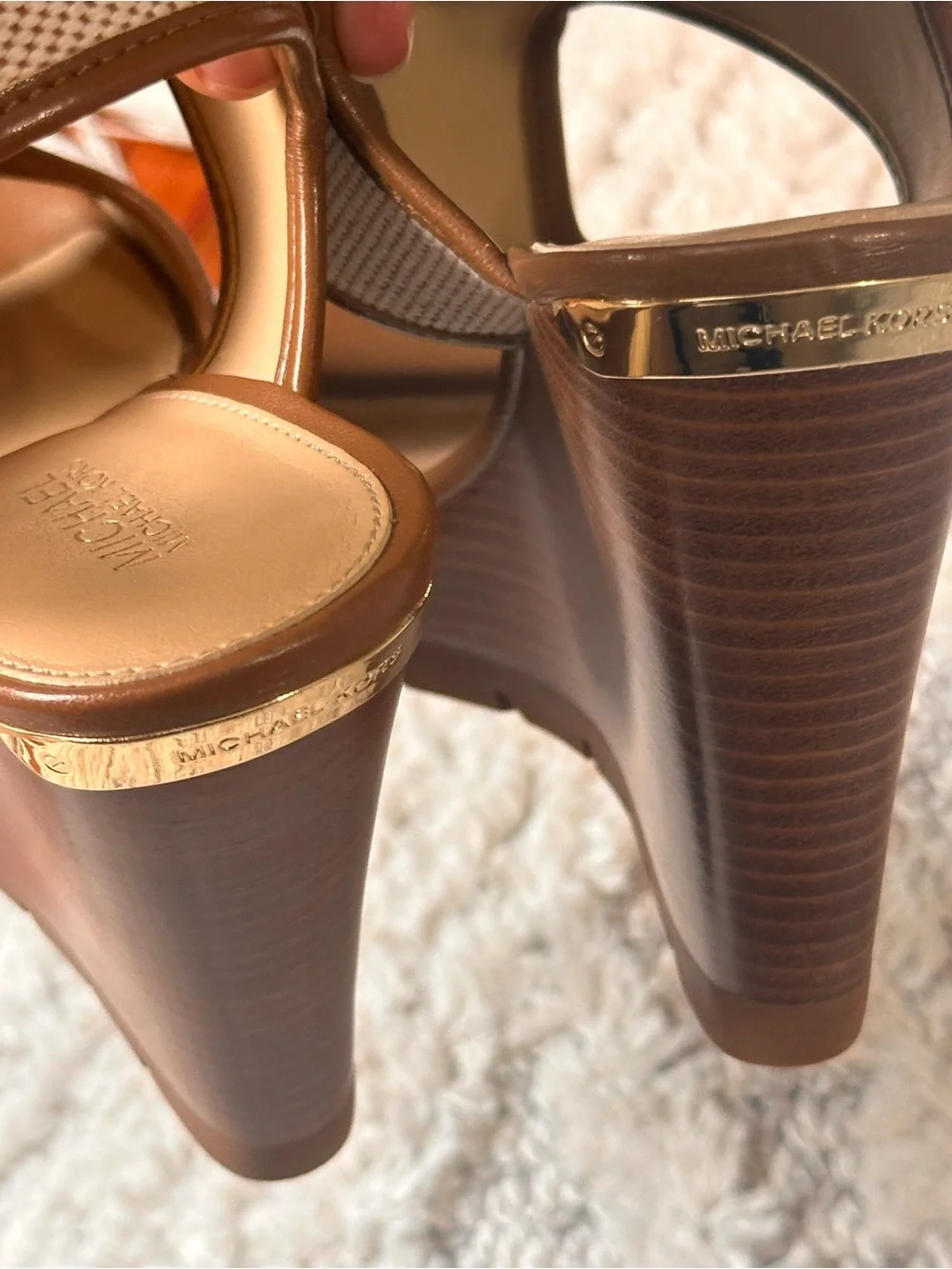 Michael Kors Gillian Wedge Euro Summer Sandals with Cream and Brown Leather Trim